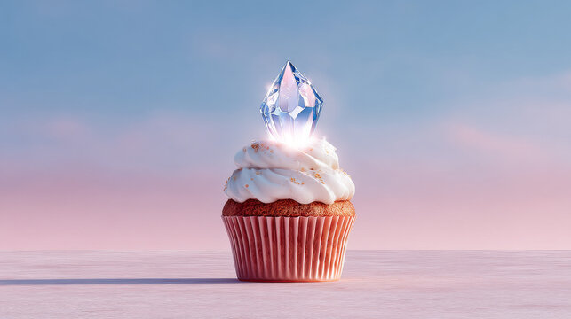 A cupcake topped with a glowing crystal instead of cream, pastel background