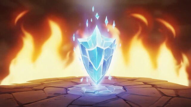 A glowing enchanted shield protecting a warrior from fire, animation fantasy 