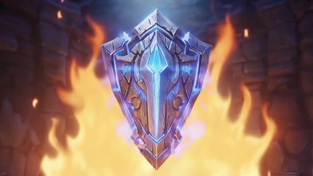 A glowing enchanted shield protecting a warrior from fire, animation fantasy 