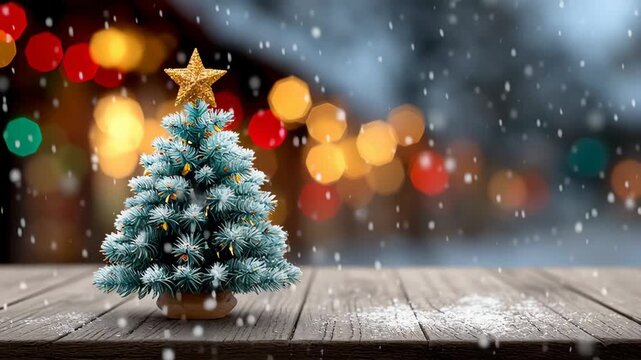 Festive miniature Christmas tree adorned with a golden star, surrounded by softly falling snowflakes, set against a backdrop of colorful bokeh lights, creating a warm holiday atmosphere of joy and cel