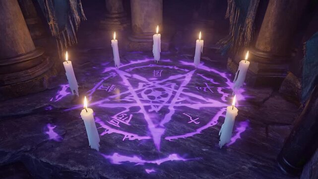 A summoning ritual with glowing pentagram and floating candles, animation style