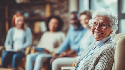 Elderly Woman with Diverse Group of People in Background