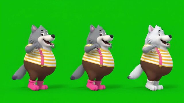 Three playful cartoon wolves in colorful outfits dancing happily on a green background