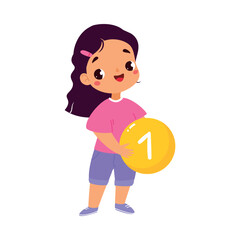 Girl Character Hold One Number Learn Counting Vector Illustration