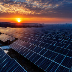  Golden Sunrise Over Solar Farm Panels Reflecting Sky
