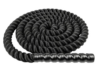 Coiled black rope for strength and conditioning workout on a transparent background