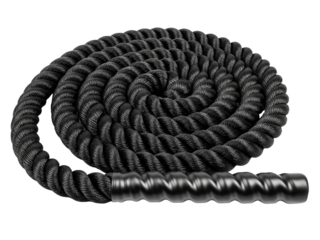 Coiled black rope for strength and conditioning workout on a transparent background