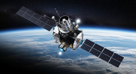 Sleek High-Tech Artificial Satellite Orbiting Earth Amid Twinkling Stars 