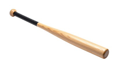 Wooden baseball bat with black grip, on black, angled. Studio-like lighting
