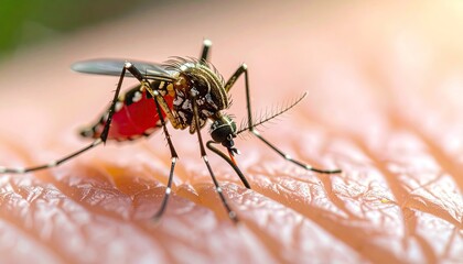 Fototapeta premium Macro Shot of Mosquito Feeding on Human Skin with Piercing Proboscis Blood Sucking Sunlight on Skin Texture Dangerous Insect Vector Disease Carrier