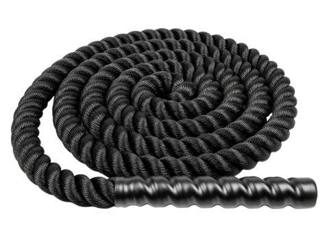 Coiled black rope for strength and conditioning workout on a transparent background
