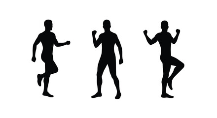 Silhouettes of three men in various dynamic poses isolated on white