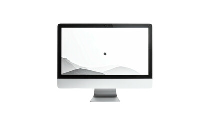 Silver computer monitor displaying a grayscale mountain range image against a black background