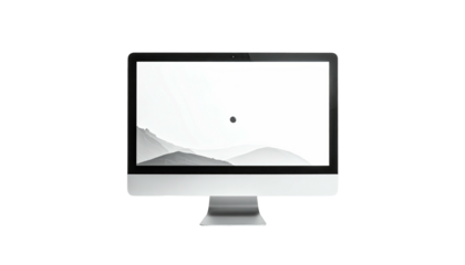 Silver computer monitor displaying a grayscale mountain range image against a black background