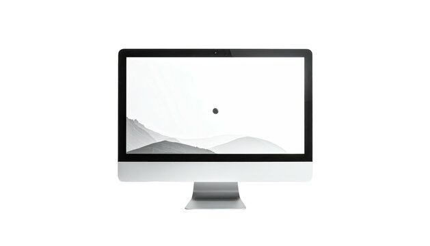 Silver computer monitor displaying a grayscale mountain range image against a black background