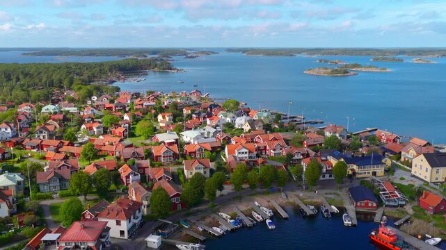 Swedish nature, drone view of Sandhamn island in Stockholm archipelago, traditional colourful houses on an island in the Baltic Sea in Sweden, Scandinavian nature