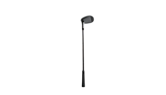 A solitary golf club, angled, with dark head and shaft, set against a black background - Powered by Adobe