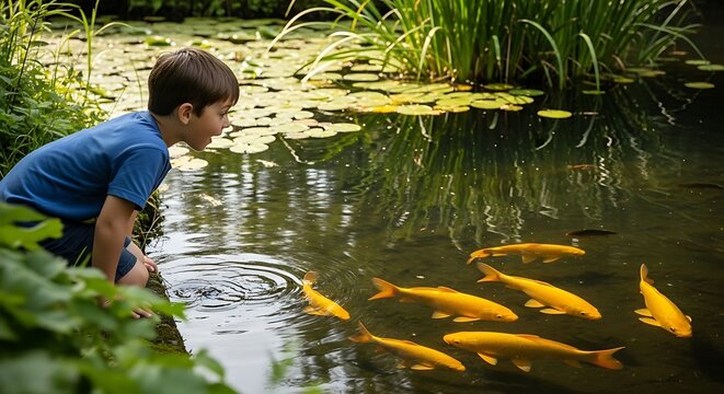 Child Feeding Fish in Pond, Peaceful Scene.