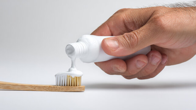 A man’s hand carefully squeezes toothpaste onto a toothbrush, photographed on a clean white backdrop for a modern daily-care theme.