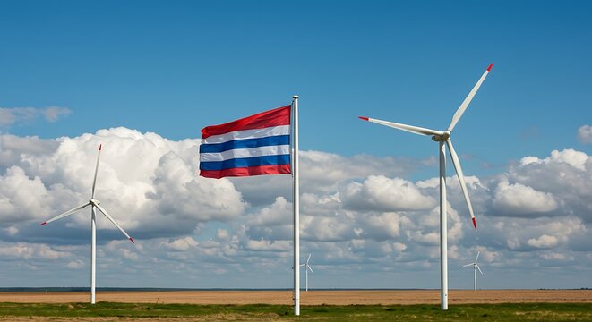 Wind turbines generating power with national flag under blue sky