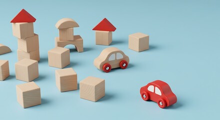 Obraz premium Wooden toy car and block structures on a blue surface