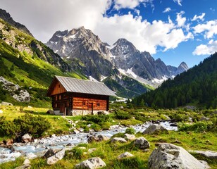 Fototapeta premium Mountain hut nestled in a valley