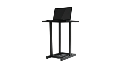 A black laptop rests on a minimalist black presentation stand against a dark backdrop