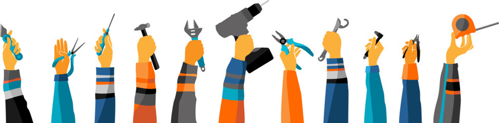Engineer workers and locksmiths hands up and holding profession tools. Vector horizontal border. Labor day concept