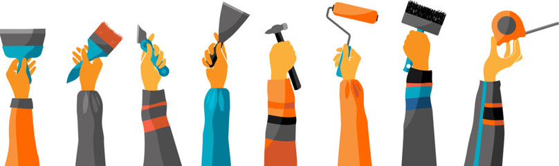 Builders and repairmen hands up and holding profession tools. Vector horizontal border. Labor day concept