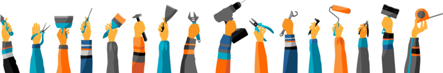 Workers hands up and holding profession tools. Vector horizontal border. Labor day concept