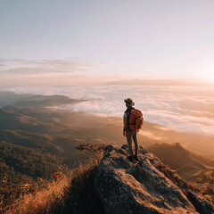 Fototapeta premium Hiker on mountain ridge overlooking sea of clouds expansive adventure lifestyle