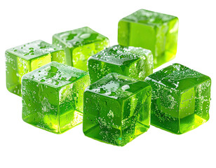 Bright green, cube-shaped candies, glistening with moisture