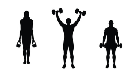 Silhouettes of three people exercising with weights fitness and health