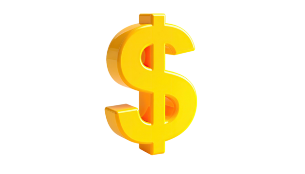 Shiny, golden 3D dollar sign floating against a stark black background