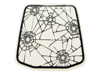 Novelty sticker decal of a cracked window with bullet holes on a transparent background