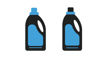 Two black plastic bottles with blue caps and liquid inside