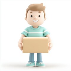 Clay smiling young man holding paper box isolated on white, delivery concept