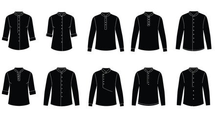 Collection of black mandarin collar shirts in various styles and designs