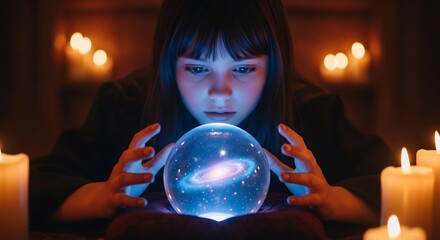 Young fortune teller gazing into a glowing crystal ball with galaxy inside. Perfect for astrology, fortune telling, psychic reading, Halloween, and mystic concepts. 