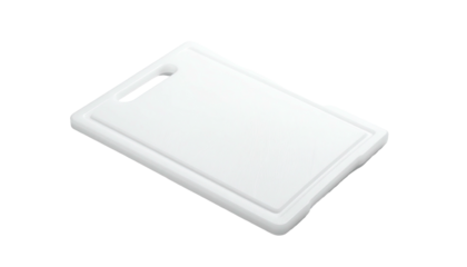 A white, rectangular, plastic cutting board with a handle hole