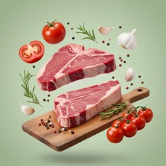 A variety of fresh ingredients hover in mid-air against a stark, pale green background. At the center of the composition are two raw, bone-in T-bone steaks, each a rich red 