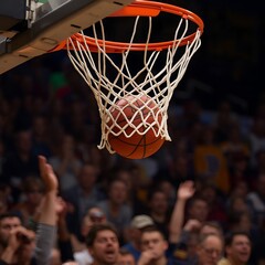 Fototapeta premium Basketball Shot Captured Mid-Net with Excited Crowd – Dynamic Sports Moment