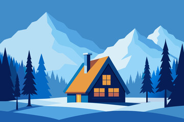 A simple cartoon illustration of a snowy cabin in a forest background vector illustration