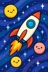 Cute cartoon rocket ship flying through starry night sky with happy planets