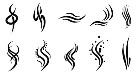 Collection of abstract black tribal swirl tattoo designs on white background