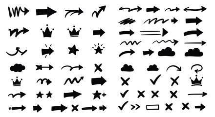 Collection of various black doodle arrow star and symbol illustrations