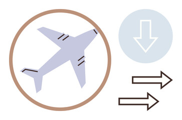Airplane enclosed in a circle, downward arrow, and two directional arrows. Ideal for travel, transport, navigation, logistics, aviation guidance and movement concepts. Minimalist flat metaphor