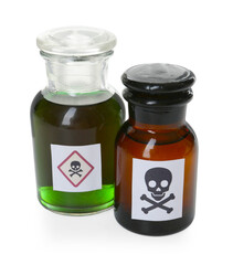 Bottles of poison with warning sign isolated on white