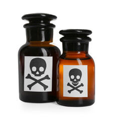 Bottles of poison with warning sign isolated on white