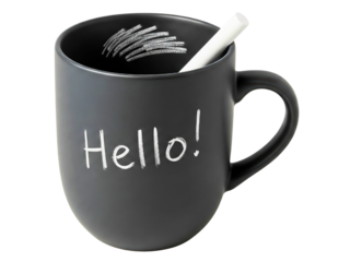 Black chalkboard mug with the word hello and a piece of chalk on a transparent background